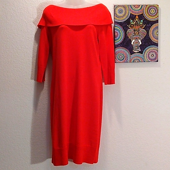 LEMMIE FOR NINA LEONARD CHERRY RED OFF SHOULDER SWEATER DRESS - Picture 1 of 6